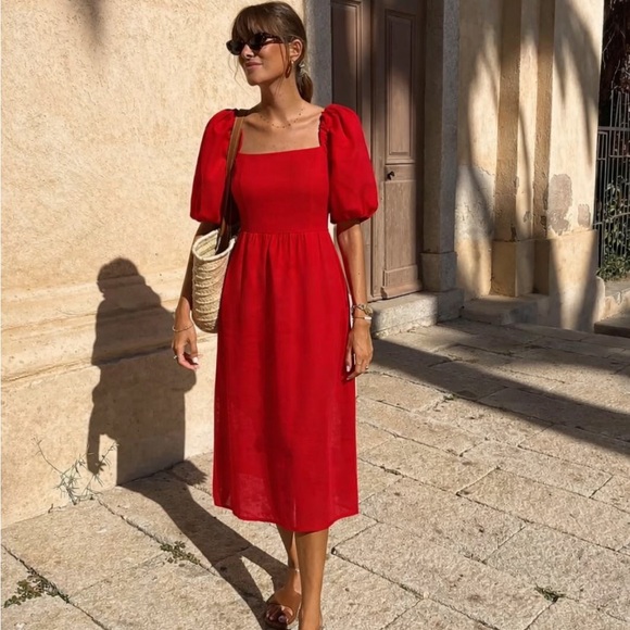 H&M Dresses & Skirts - H&M Red Linen Blend Puff Sleeve Midi Dress XS Cottagecore Summer